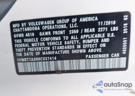 2017 Volkswagen Passat 1.8T Se z USA, uszkodzony, nr VIN 1VWBT7A30HC037414